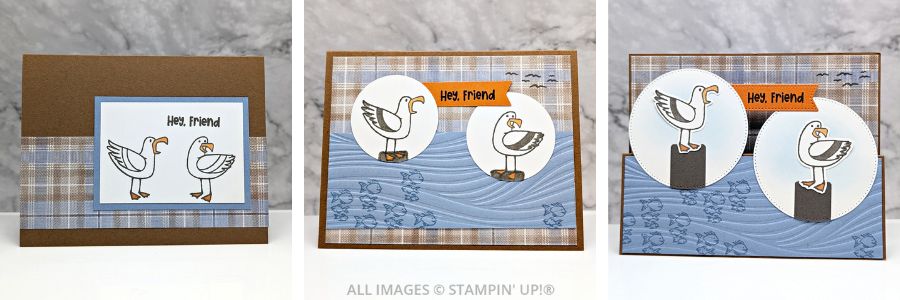 3 Cards using the Friendly Seagulls Stamp Set in browns, blues and orange, with 2 cute seagulls sitting on a pier with a sentiment "Hey, friend!"
