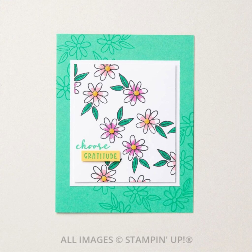 Stampin' Up! Stampin' Write Markers showing used on a floral card in greens, purples and yellow with a "choose gratitude" sentiment.