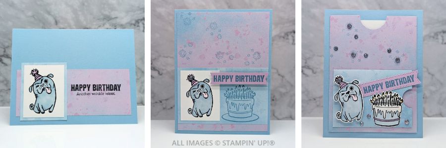 3 Cards using the One More Year Stamp Set in blues and purples,  featuring a cute puppy, birthday cake, and a Happy Birthday sentiment.