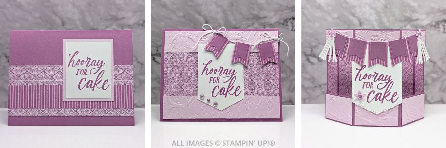 3 cards made using the Birthday Celebration Bundle by Stampin' Up! in purples and pinks, from a very simple design to a fancy fun fold card.  Sentiment is "hooray for cake".