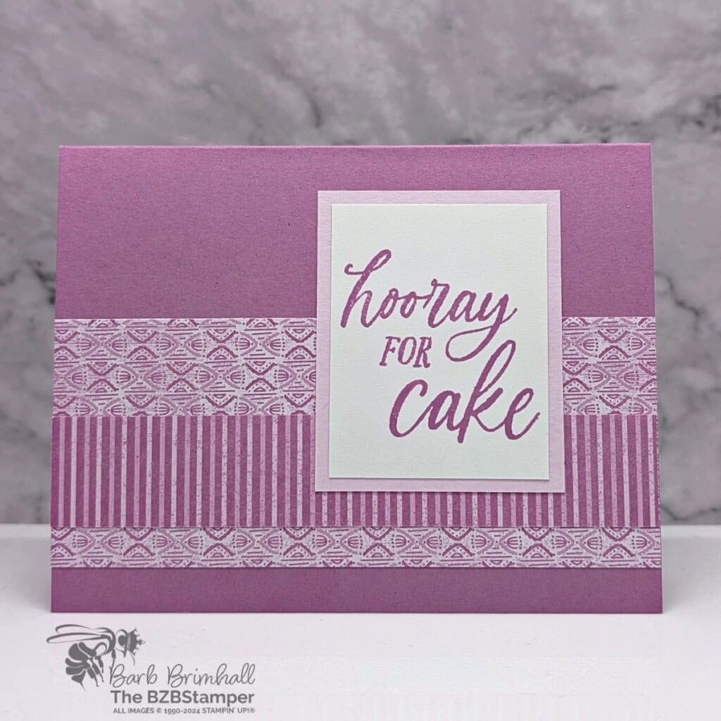 3 cards made using the Birthday Celebration Bundle by Stampin' Up! in purples and pinks, from a very simple design to a fancy fun fold card.  Sentiment is "hooray for cake".