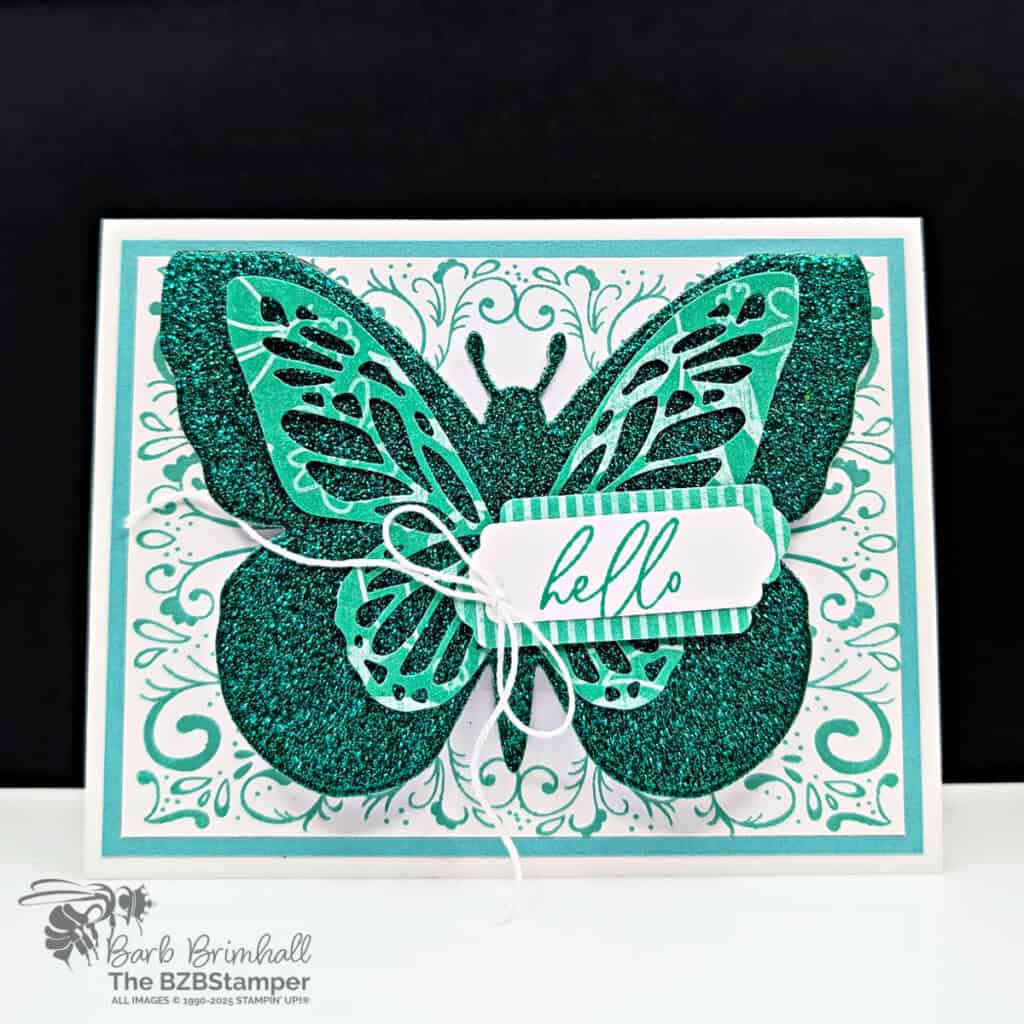 3 Cards Using the Tiled Techniques Stamp Set featured a beautiful patterned background in blue and a Happy Birthday Sentiment.  One card features a glittery butterfly.