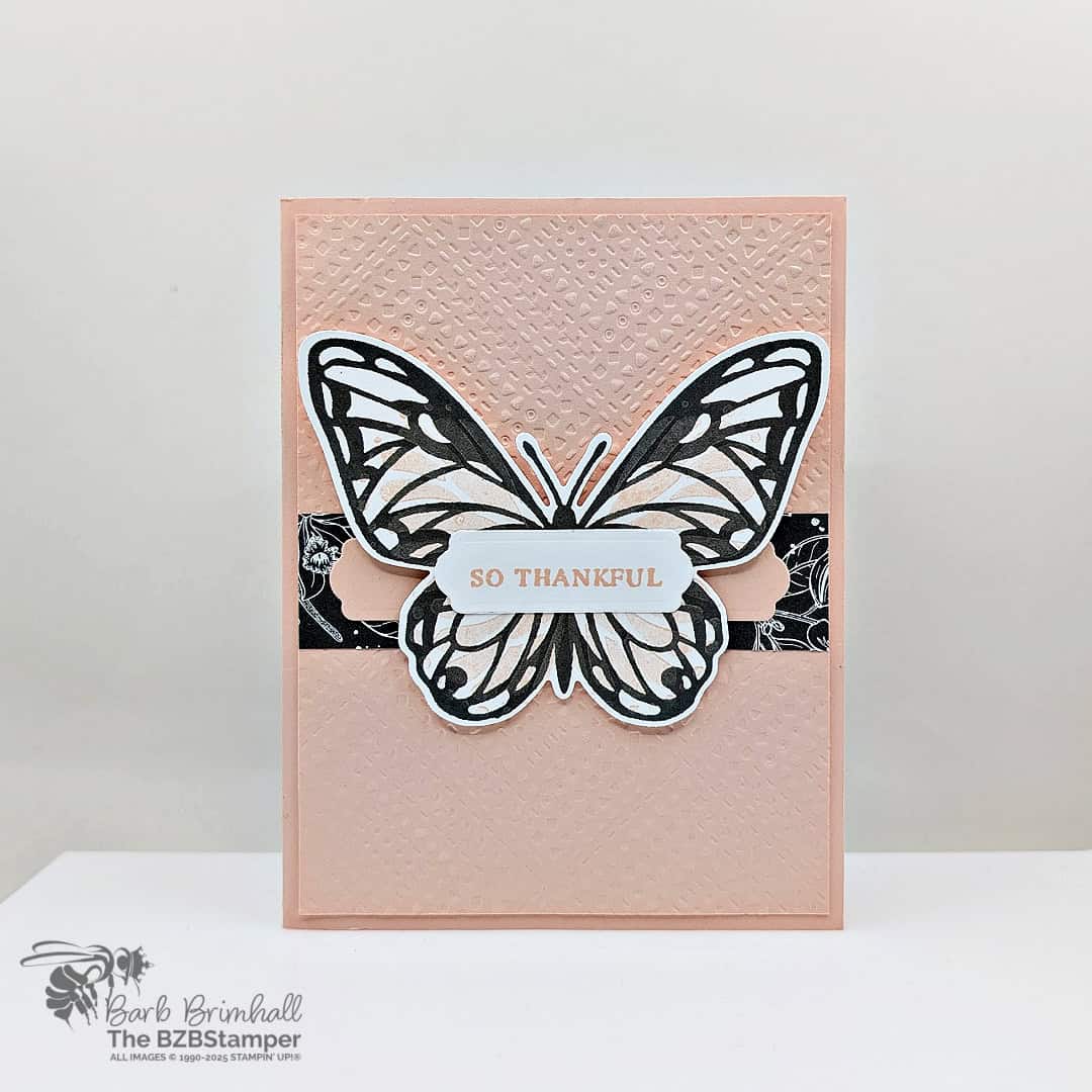 Say Thanks with the Beautiful Butterflies Bundle featuring some pretty paper, a beautiful embossing folder and a butterfly in pink and dark gray.