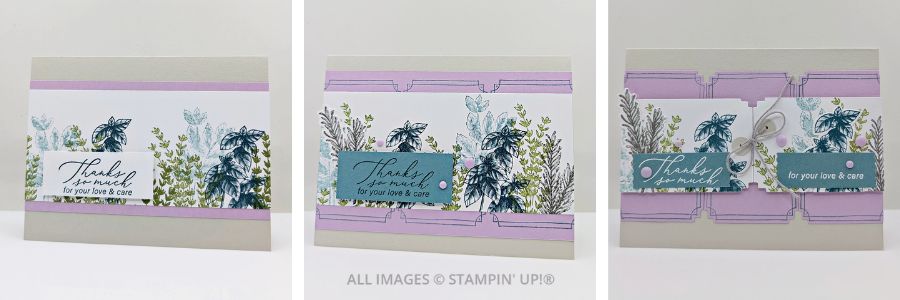 3 Cards using the Grow With Love Bundle featuring foliage in light purple and shades of green, with a sentiment "thanks so much for your love & care."