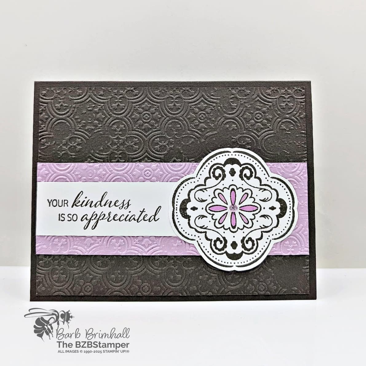 Thank You Card featuring the Tiled Techniques Stamps in browns and purples, with the sentiment "your kindness is so appreciated"
