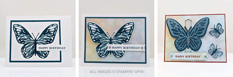 3 Cards using the Beautiful Butterflies Bundle in blues with soft pastel Bokeh paper and a "happy birthday" sentiment.