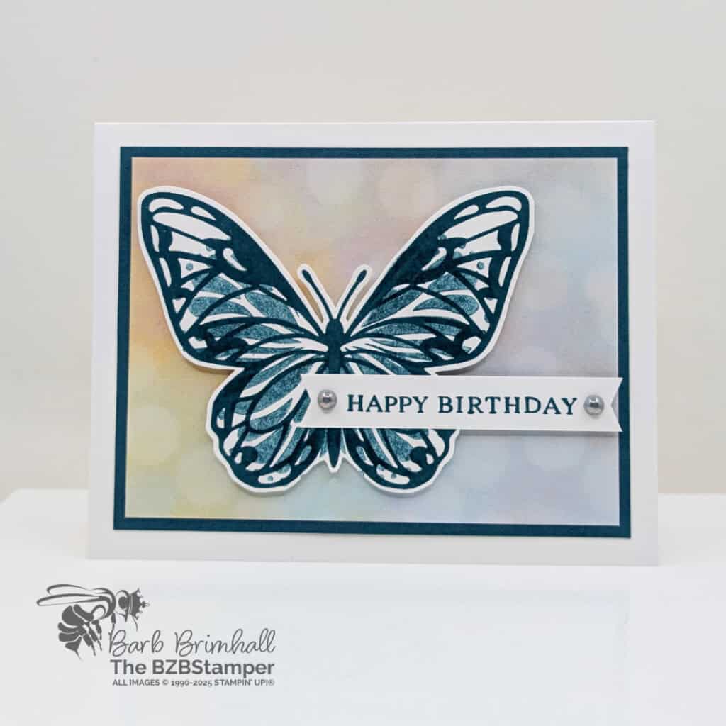 3 Cards using the Beautiful Butterflies Bundle in blues with soft pastel Bokeh paper and a "happy birthday" sentiment.