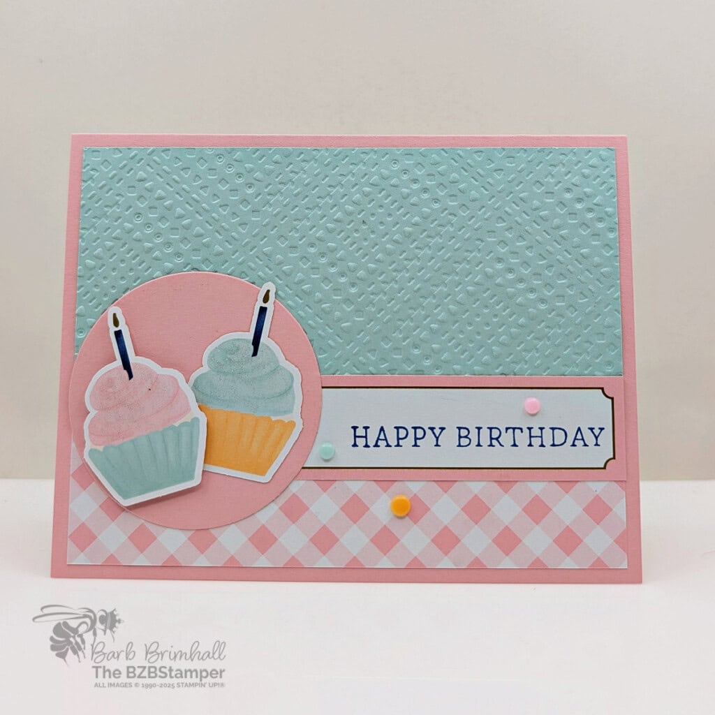 3 Cards using the Wildflower Birthday Specialty Paper in pinks, blues, and corals, as well as cupcakes and gingham paper.