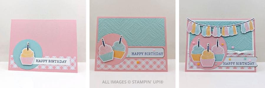 3 Cards using the Wildflower Birthday Specialty Paper in pinks, blues, and corals, as well as cupcakes and gingham paper.