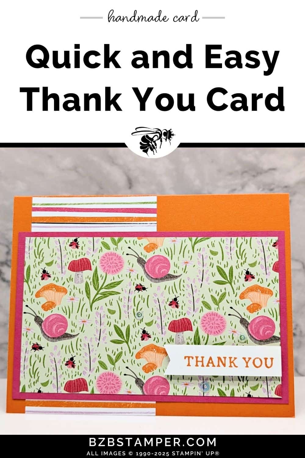 Quick and Easy Toadstools Garden Card featuring the whimsical Toadstools Garden paper in oranges and pinks and a thank you sentiment.