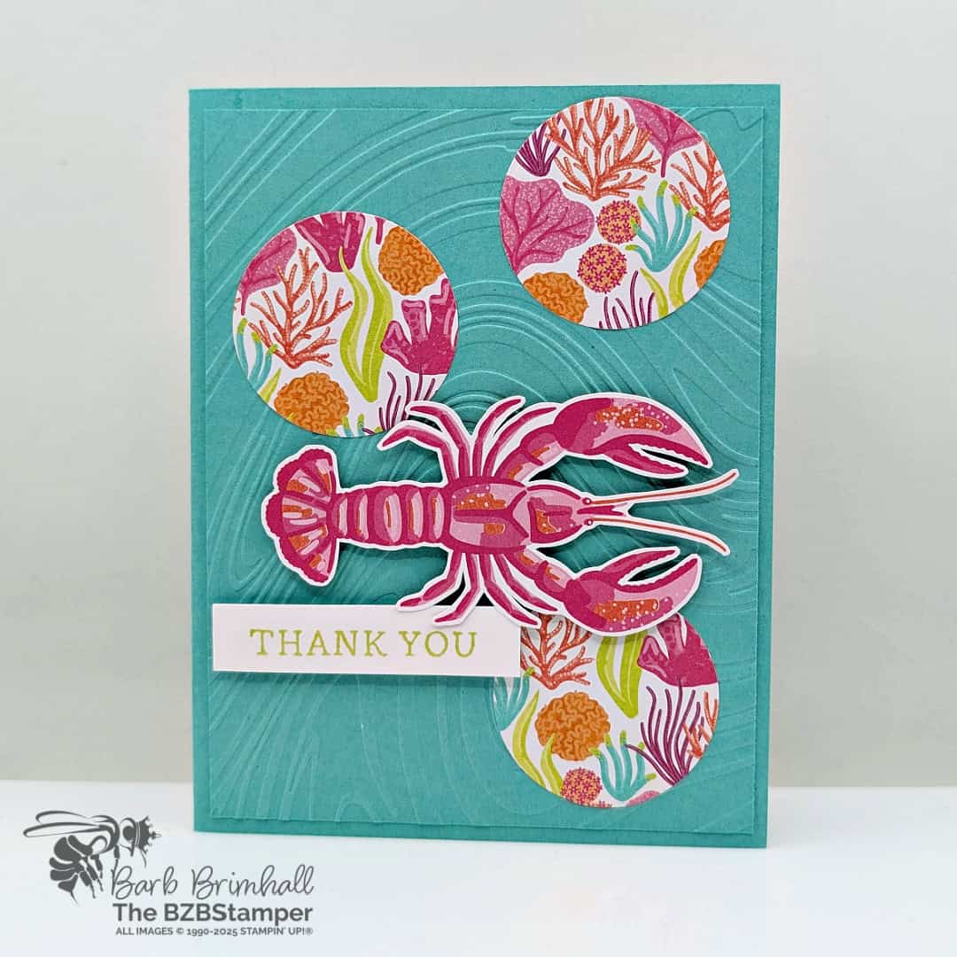 5 Minute Thank You Card Using Card Sketch #39 featuring a wavy embossed background, bright paper, and lobster image above a "thank you" sentiment.