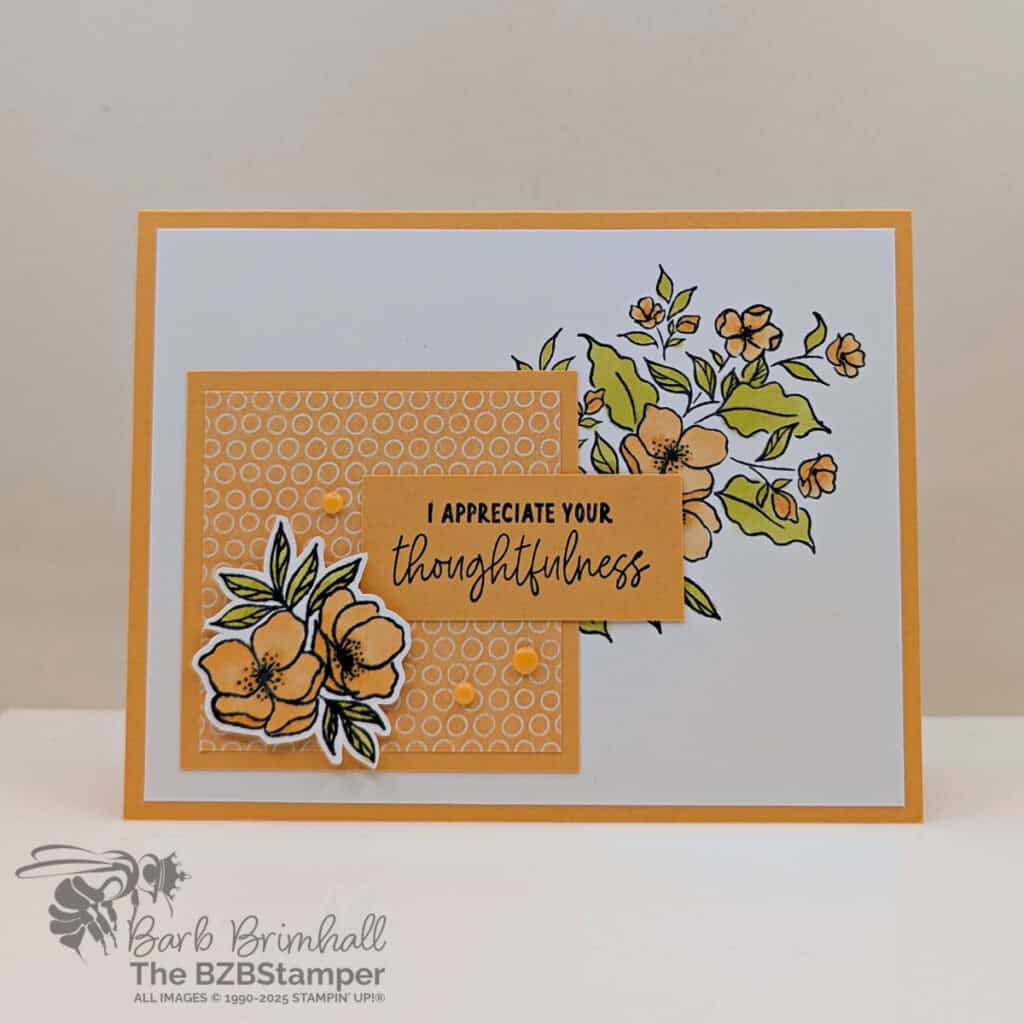 3 Cards using the Memorable Blooms Bundle in peaches and greens featuring elegant die-cuts and a "I appreciate your thoughtfulness" sentiment.