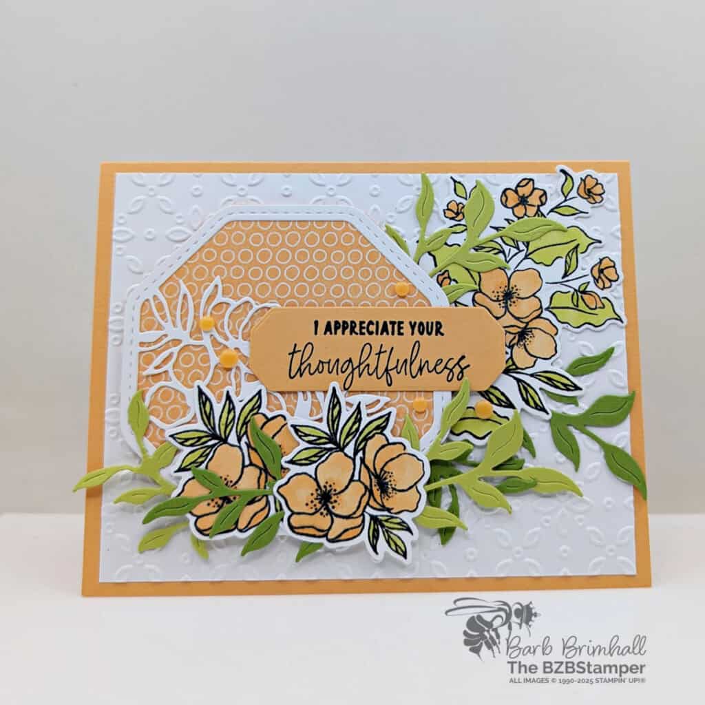 3 Cards using the Memorable Blooms Bundle in peaches and greens featuring elegant die-cuts and a "I appreciate your thoughtfulness" sentiment.
