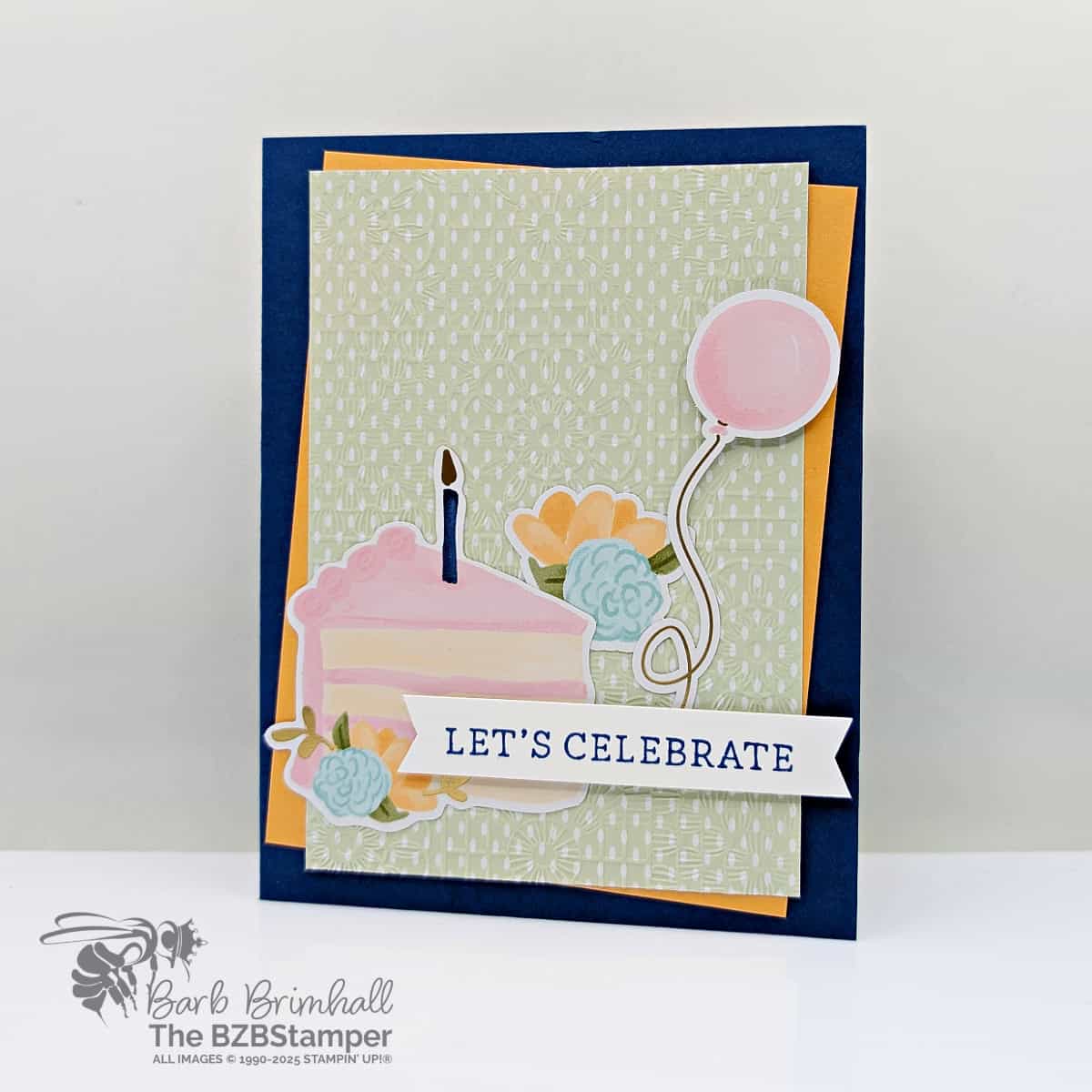 5 Minute Birthday Card Using Card Sketch 40 featuring a cake, flowers and a balloon in soft colors with gold foil accents.  Sentiment is "let's celebrate."