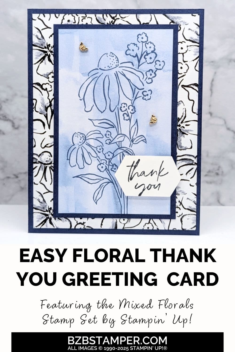 Mixed Florals Thank You Card featuring wildflowers and floral background paper in Navy blue with a "thank you" sentiment.