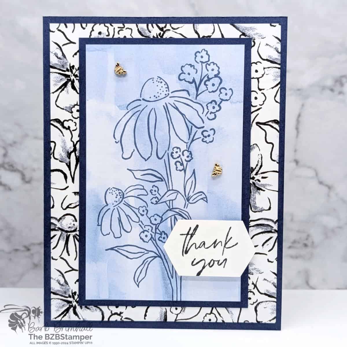 Mixed Florals Thank You Card featuring wildflowers and floral background paper in Navy blue with a "thank you" sentiment.