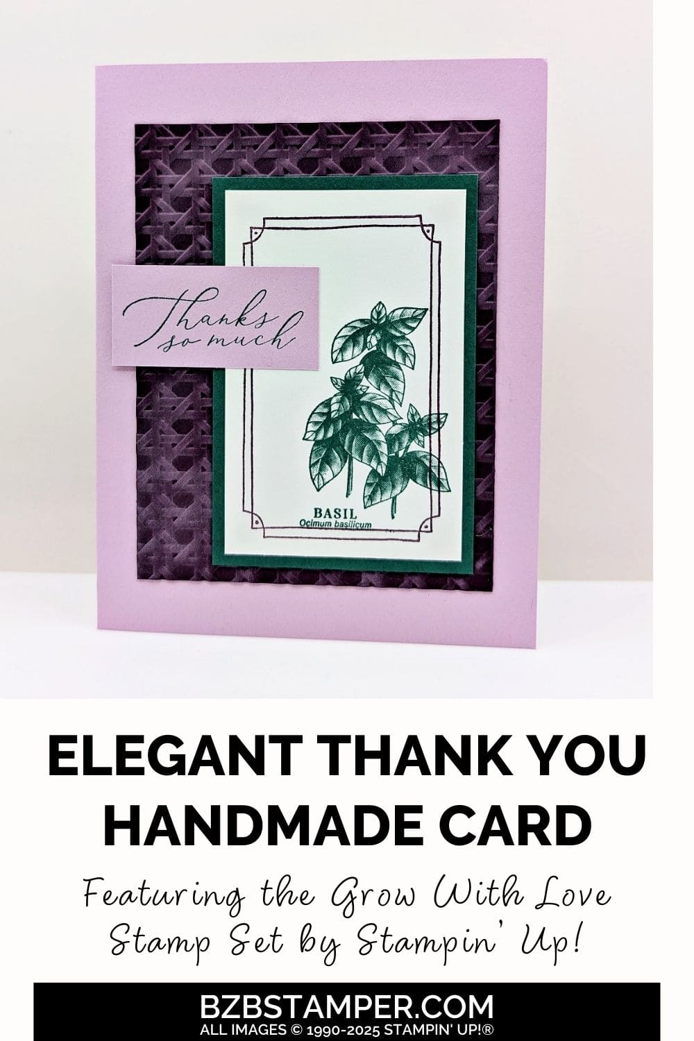 Grow With Love Thank You Card featuring a green plant with purple accents and a "thanks so much" sentiment.