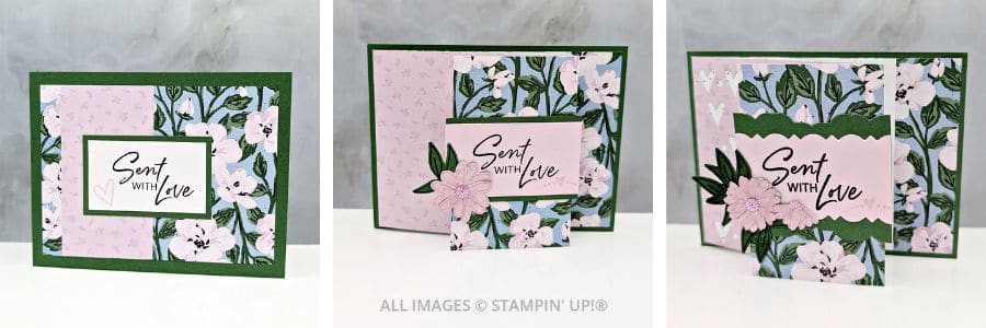 3 Cards using the Fancy Borders Bundle featuring floral paper in blues, greens, and pinks and a "sent with love" sentiment.