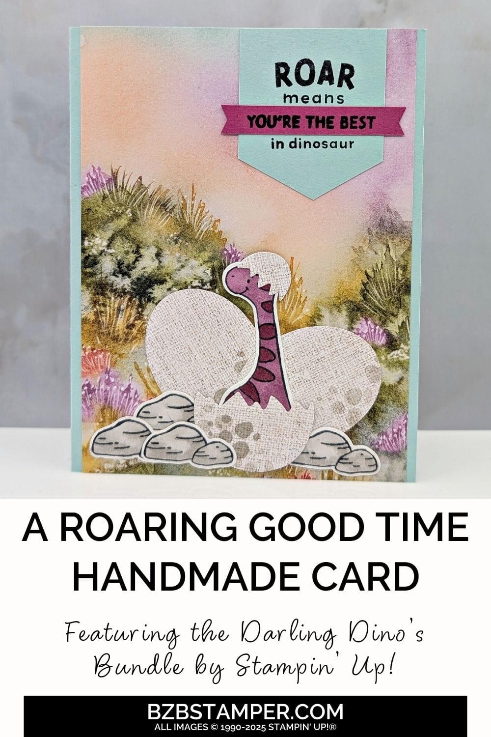 A Roaring Good time with the Darling Dinos Bundle 5 A Roaring Good time with the Darling Dinos Bundle featuring pretty papers and a baby purple dinosaur hatching from his egg. Sentiment is "Roar means you're the best in dinosaur."
