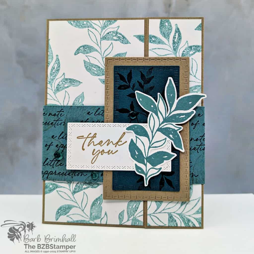 3 cards using the Textured Notes Bundle 4 3 cards featuring the Textured Notes Bundle in greens and browns featuring leaves and a "thank you" sentiment. 2 of the cards are a fun fold, with 1 with a belly band.