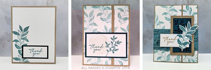 3 cards using the Textured Notes Bundle 1 3 cards featuring the Textured Notes Bundle in greens and browns featuring leaves and a "thank you" sentiment. 2 of the cards are a fun fold, with 1 with a belly band.