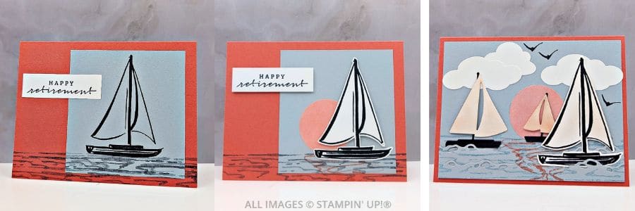 3 Cards using the Sunrise Sailing Bundle 1 3 Cards using the Sunrise Sailing Bundle in oranges and blues, featuring a sailboat on the waves and a "happy retirement" sentiment.