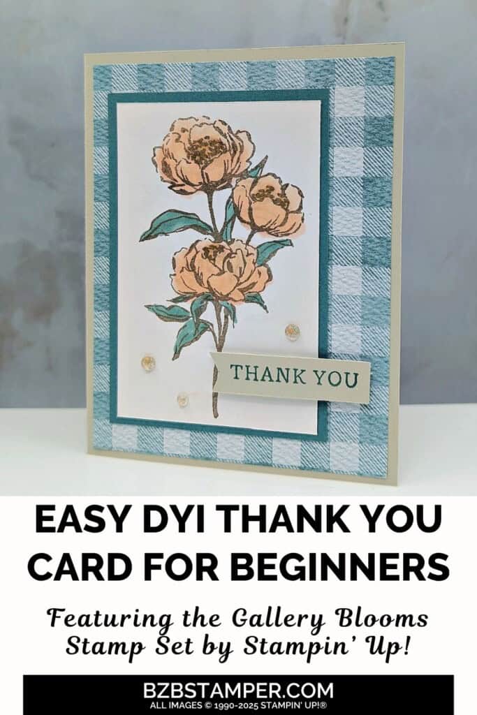 Soft Gingham Floral Card with Gallery Blooms stamp set by Stampin' Up! with greens and pinks, and a green gingham background with a "thank you" sentiment.