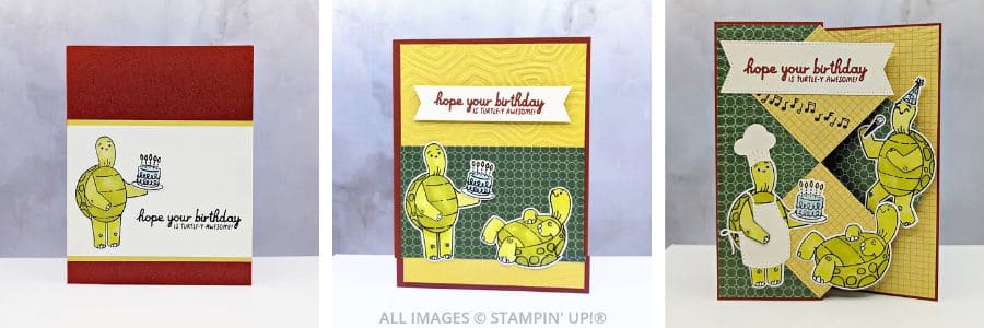 3 Cards using the Turtle-y Awesome Bundle 1 3 Cards using the Turtle-y Awesome Bundle featuring turtles at a party in rust, yellow, and green with a "hope your birthday is turtle-y awesome" sentiment.
