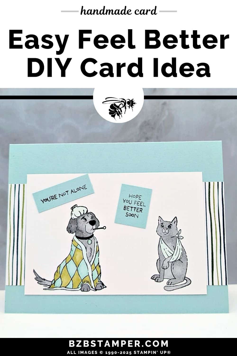 Feel Better Card using the Hugs and Healing Stamp Set 5 Feel Better Card using the Hugs and Healing Stamp Set in pinks, greens and gray with a sick dog and in injured kitty that are still whimsical and cute, and 2 sentiments: "you're not alone" and "hope you're feeling better soon."