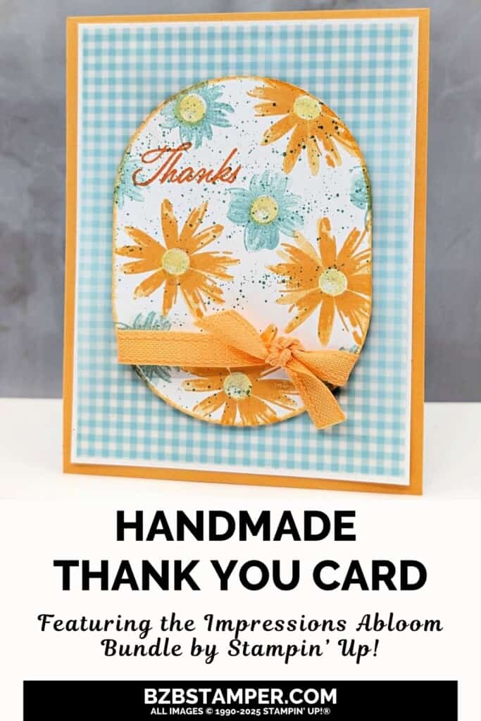 Coffee and A Card Project with Impressions Abloom 5 Coffee and A Card Project with Impressions Abloom featuring blue and peach flowers with a blue gingham background and a "thanks" sentiment stamped in orange.