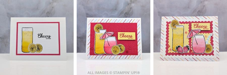 3 Cards using the Cheers and Sips Bundle 1 3 Cards using the Cheers and Sips Bundle in yellows, reds and pinks, featuring tropical drinks, pretty paper, and a "cheers to you" sentiment.
