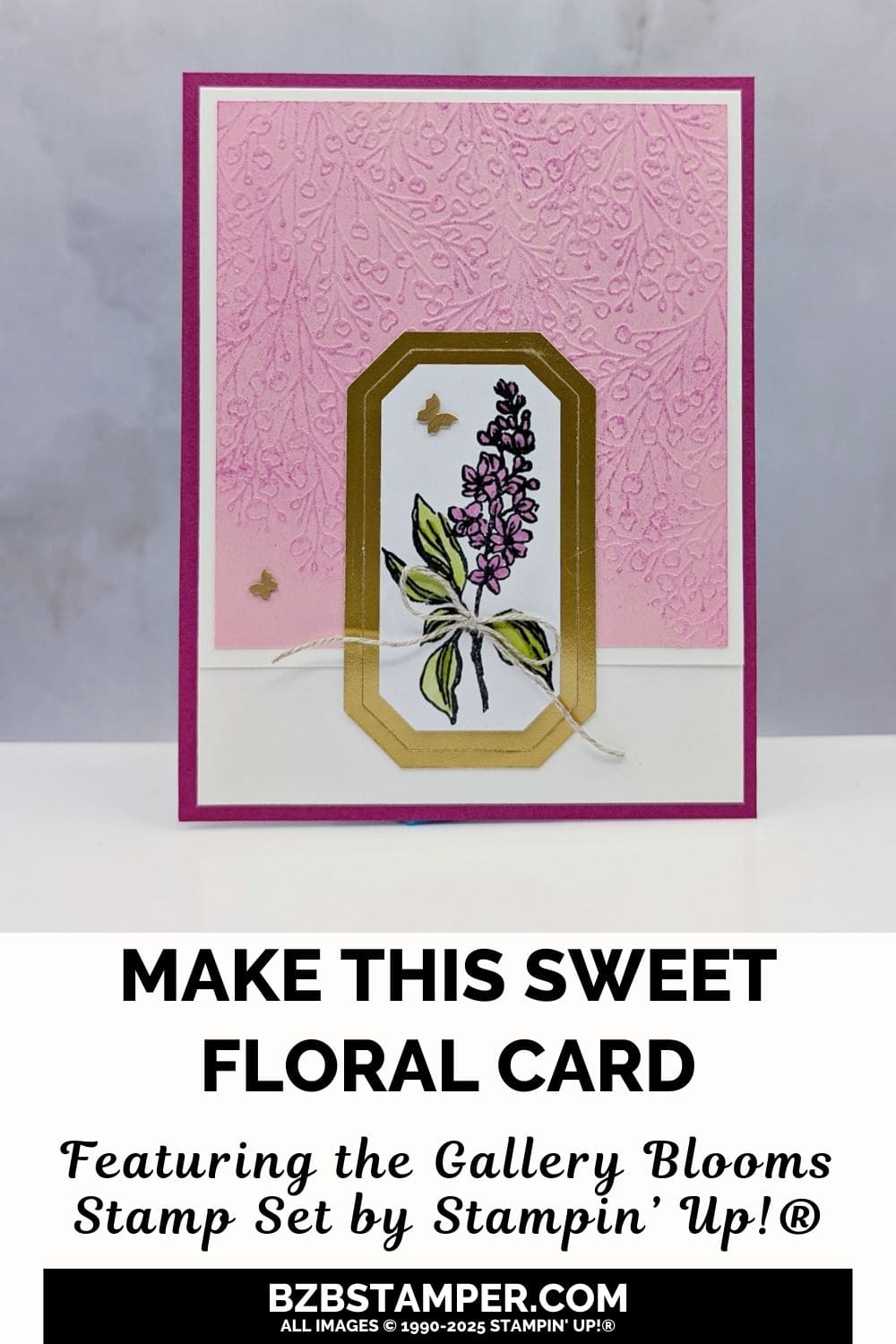 Sweet Floral Card Using the Gallery Blooms Stamp Set 6 Sweet Floral Card Using the Gallery Blooms Stamp Set in pinks, purples and green with an embossed background, gold foiling, and a fun fold. There is no sentiment on this card.