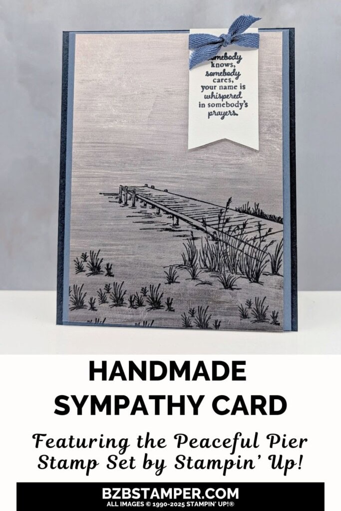 Coffee and a Card Project with the Peaceful Pier Stamp Set 5 Coffee and a Card Project with Peaceful Pier Stamp Set a pier image with grass in blues and grays and a "somebody know, somebody cares, your name is whispered in somebody's prayers" sentiment.