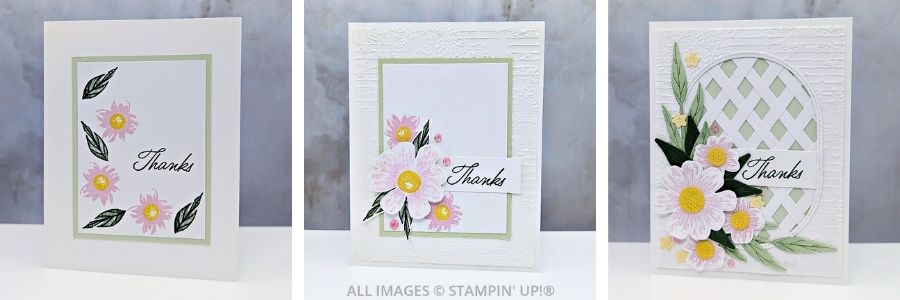 3 Cards using the Impressions Abloom Bundle in pinks, yellows and greens, with a "thanks" sentiment.
