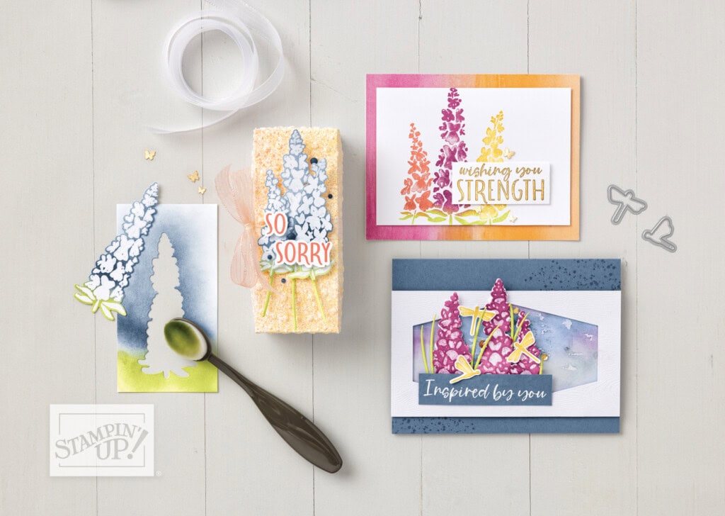 Stampin’ Up! Blending Brushes used with ink and stencils to add soft backgrounds on handmade floral cards and coordinating envelopes.