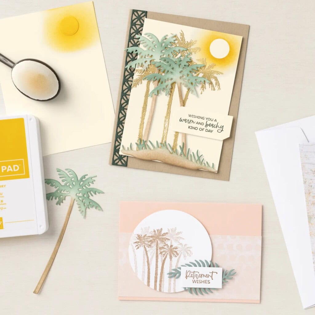 Stampin’ Up! Blending Brushes used to create tropical-themed handmade cards with palm tree images, soft ink blending, and retirement or beachy sentiments.