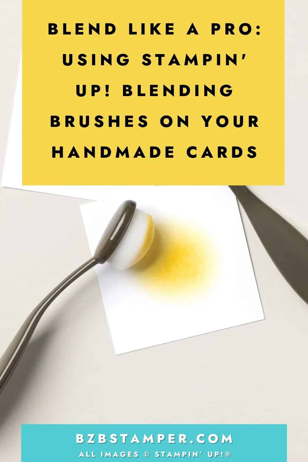 How to Use Stampin' Up! Blending Brushes tampin’ Up! Blending Brushes applying yellow and green ink onto cardstock, demonstrating smooth color blending for cardmaking backgrounds.  Pinterest Pin
