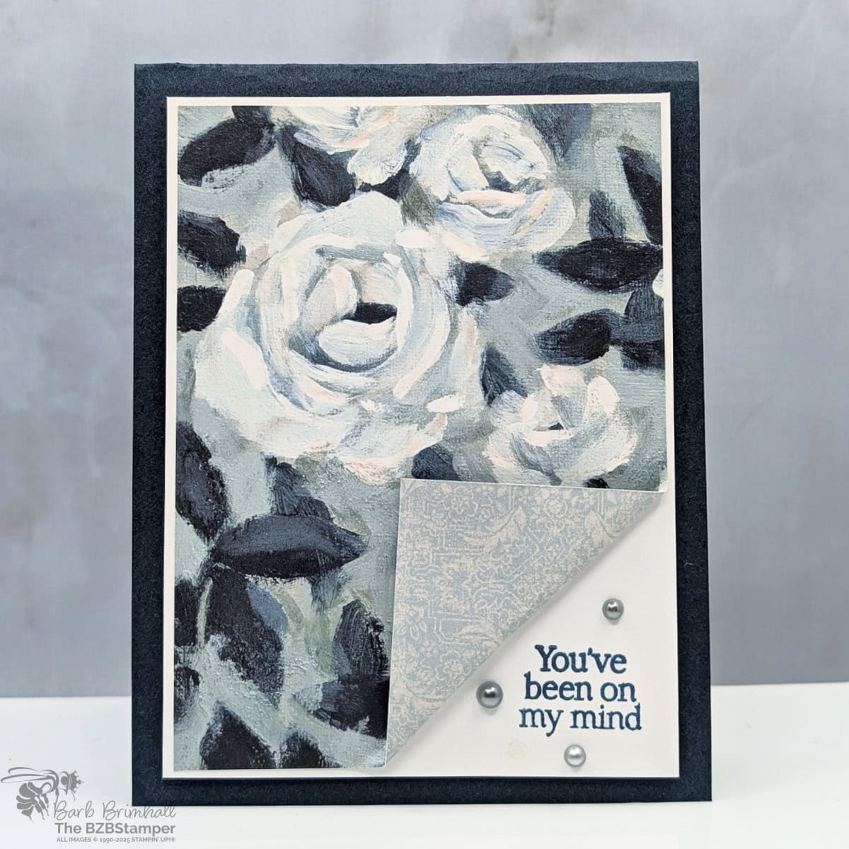 Coffee and a Card with The Beautiful Gallery Paper in blues and creams, with pretty paper featuring cream floral images.  Sentiment is "you've been on my mind."