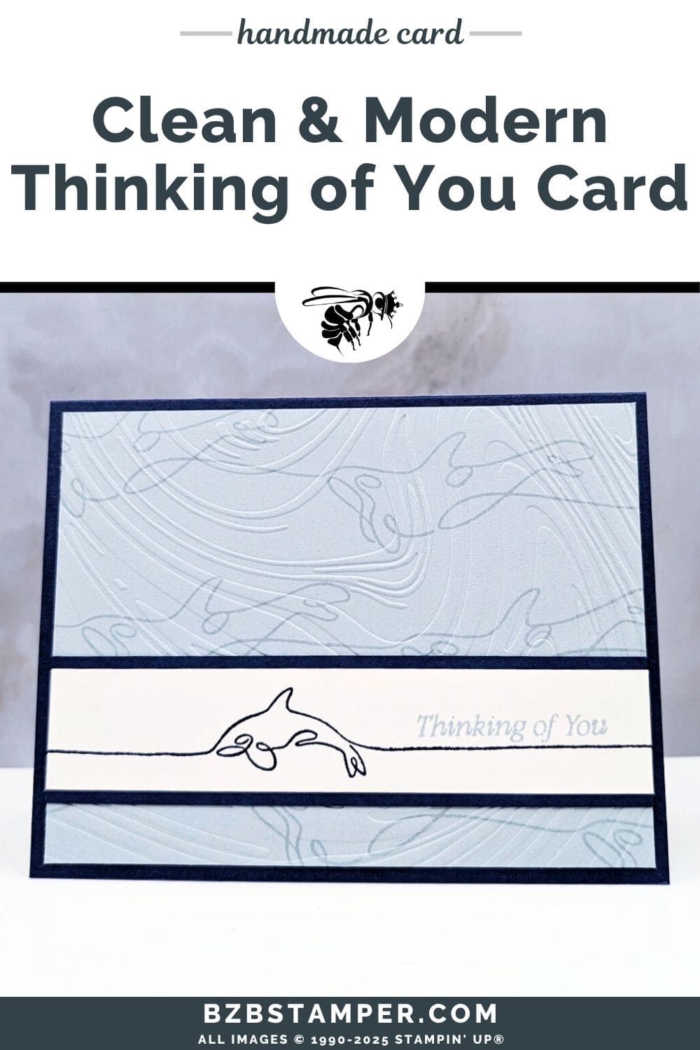 Clean and Modern Dolphin Card for Any Occasion 5 Clean and Modern Dolphin Card for Any Occasion in shades of blue, featuring an embossed background and a whimsical dolphin image with a "thinking of you" sentiment.
