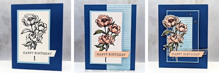 3 Cards using the Gallery Blooms Bundle 1 3 Cards using the Gallery Blooms Bundle in blues, greens, and light pinks, featuring a stem of 3 flowers and a Happy Birthday sentiment.
