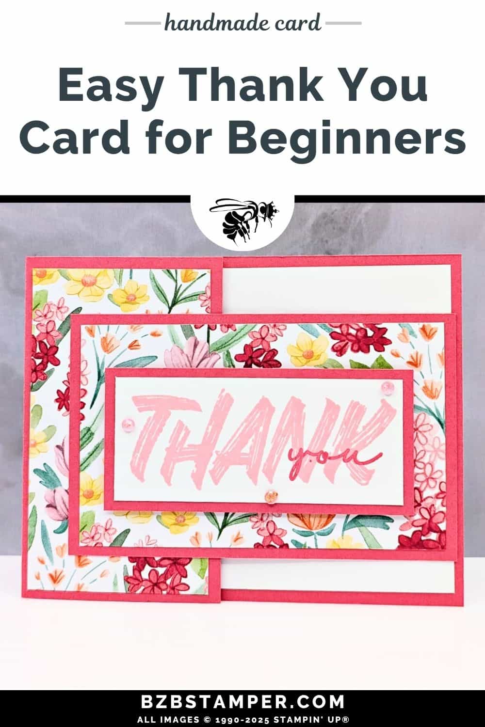 Coffee and a Card using Layered Thoughts Stamp Set and pretty floral paper in pinks and reds, with a splash of other bright colors.  Bold "Thank You" sentiment in pink and red.