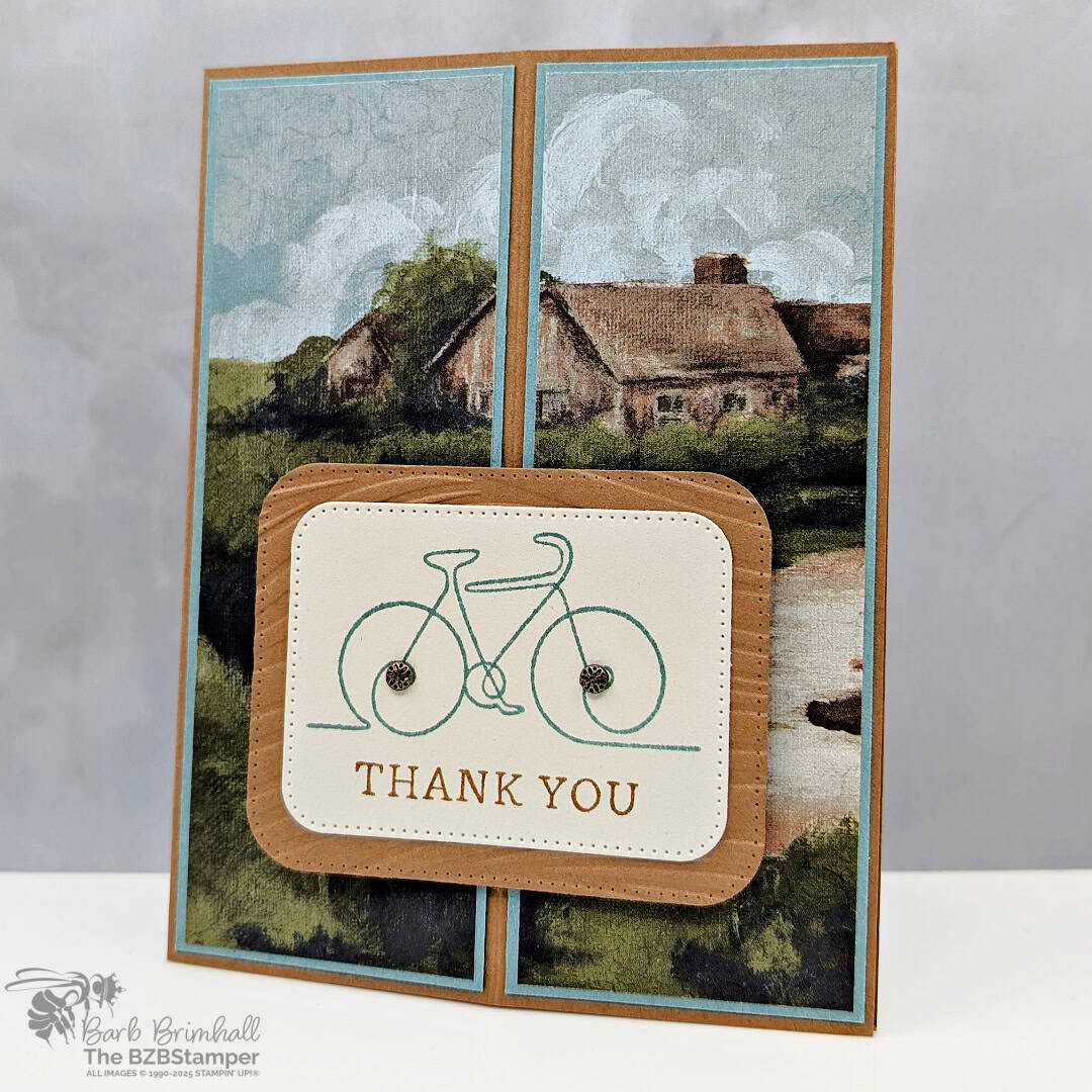 3 Cards using the Along These Lines Stamp Set that feature beautiful paper with a country scene, a stamped bicycle image and then a "thank you" sentiment.
