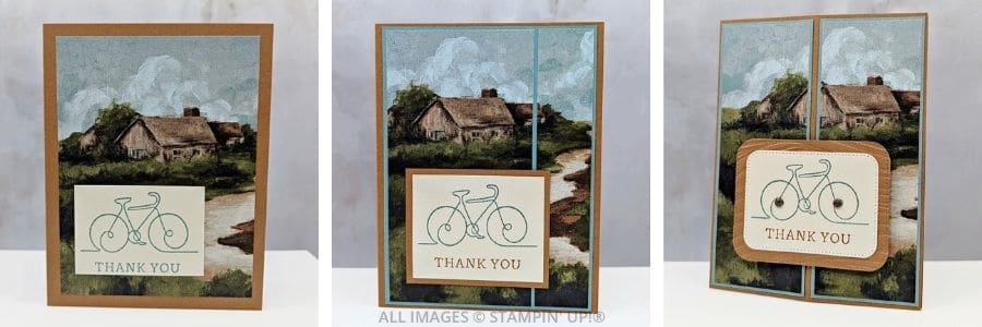 3 Cards using the Along These Lines Stamp Set that feature beautiful paper with a country scene, a stamped bicycle image and then a "thank you" sentiment.