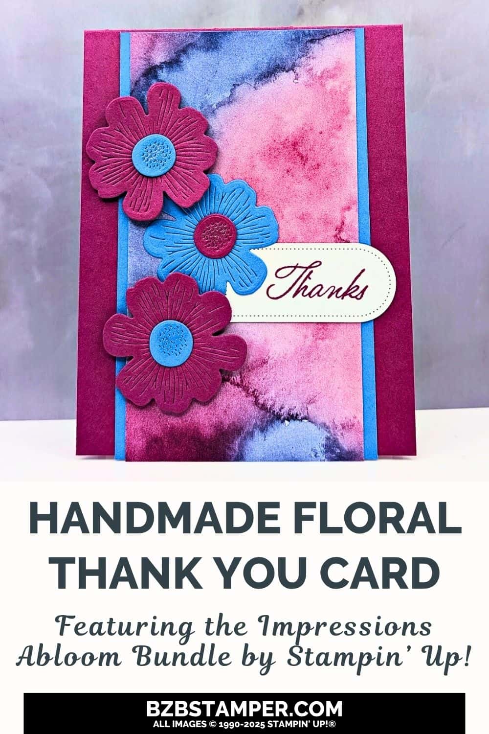 Coffee and a Card with the Impressions Abloom Bundle 6 Coffee and a Card with the Impressions Abloom Bundle in purples and blues with a watercolor background, die-cut flowers and a "thanks" sentiment.