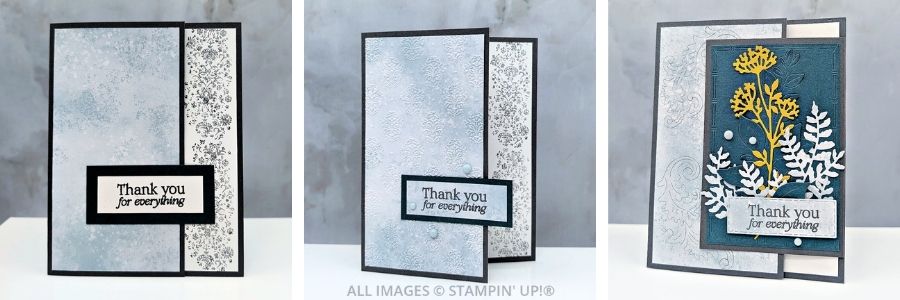 3 Cards using the Beautiful Motifs Bundle 1 3 Cards using the Beautiful Motifs Bundle in various shades of blue and gray, with die-cut flowers on one of the cards in yellow and white. Sentiment is "thank you for everything."