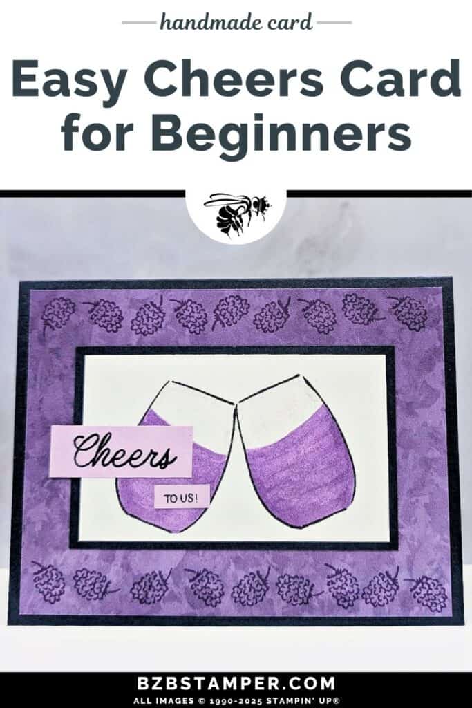 Cheers to Us with the Cheers and Sips Stamp Set 6 Cheers to Us with the Cheers and Sips Stamp Set in purples and dark navy blue, featuring 2 wine glasses clinking together and a "cheers to us" sentiment.