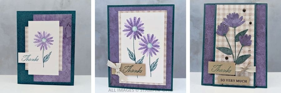 3 Cards using the Impressions Abloom Stamp Set in purples and taupes, featuring flowers and a "thanks" sentiment.