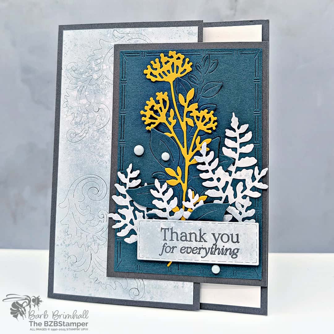 3 Cards using the Beautiful Motifs Bundle 5 3 Cards using the Beautiful Motifs Bundle in various shades of blue and gray, with die-cut flowers on one of the cards in yellow and white. Sentiment is "thank you for everything."