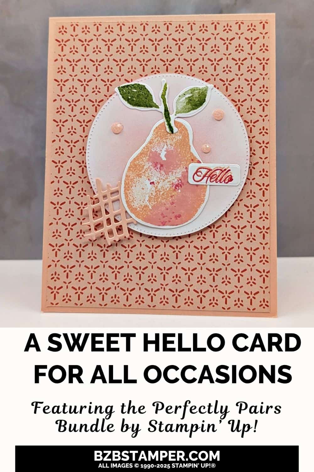 Coffee and a Card Project Using The Painterly Pears Bundle in pinks and greens, with pretty background paper and a die-cut pear in a circle die-cut with the "hello" sentiment.