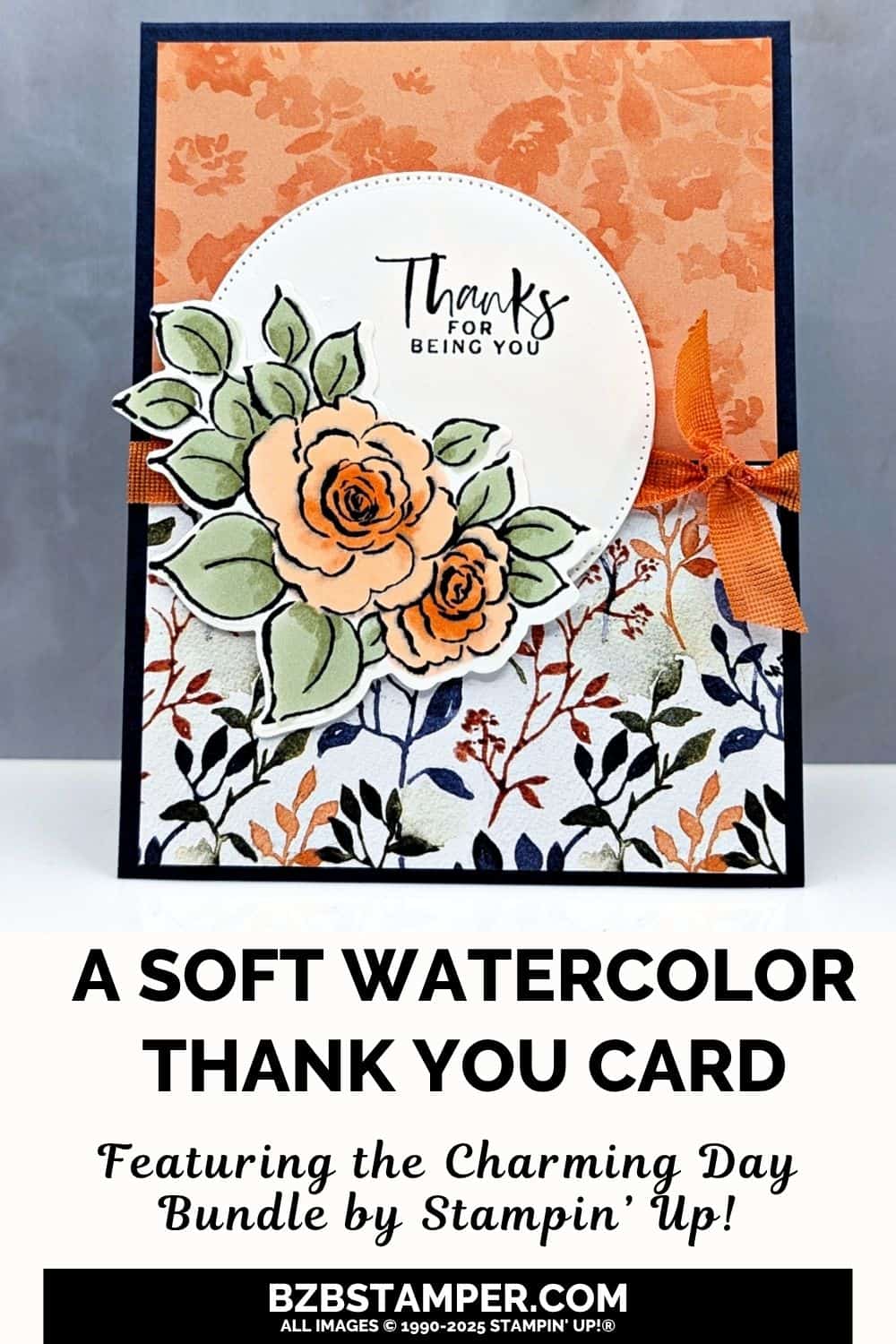 Coffee and a Card using the Charming Day Bundle in blues, greens and peaches featuring a floral blossom and pretty paper.  Sentiment on a die-cut circle is "thanks for being you"
